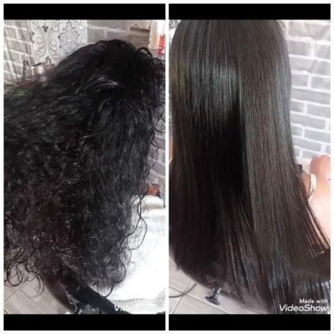 Antes e depois do Hidraliso mostrando cabelo liso e sem frizz