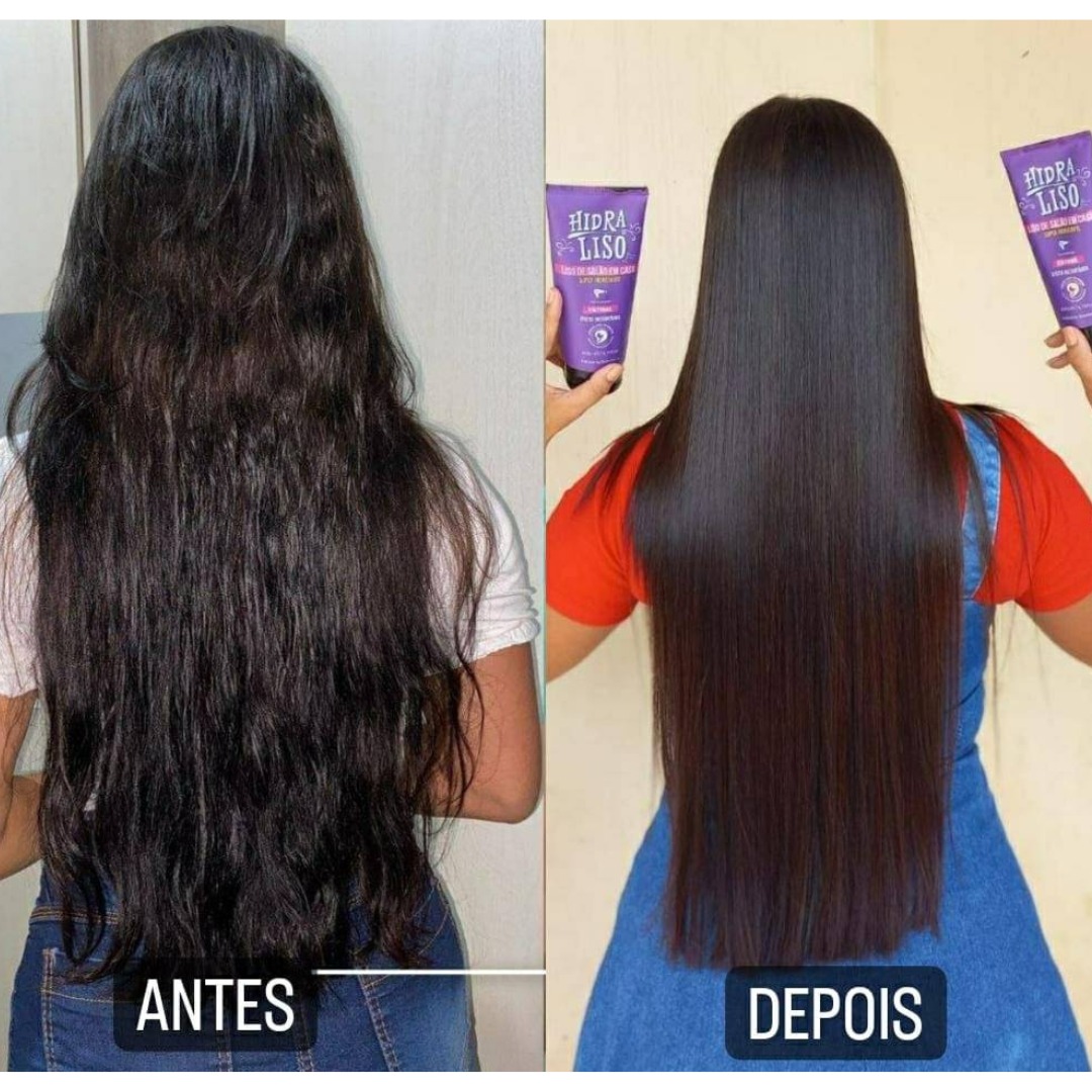Hidraliso em ação mostrando cabelo mais liso e hidratado