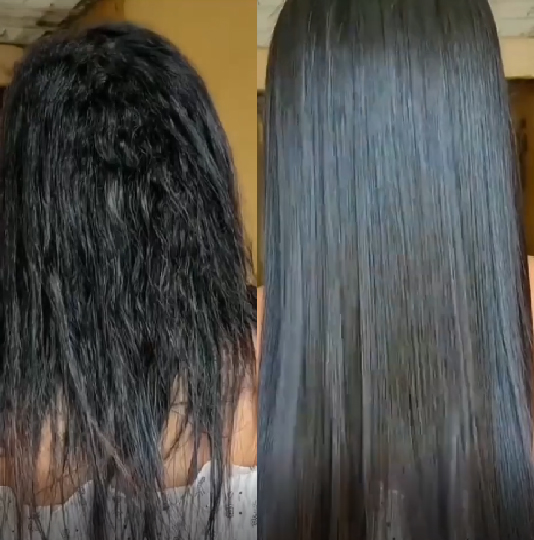 Cabelo antes e depois com Hidraliso evidenciando brilho e alinhamento.
