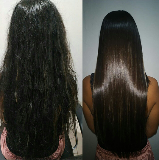 Foto real de cabelo transformado com Hidraliso antes e depois