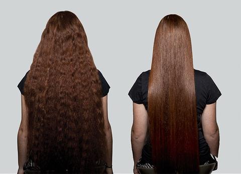 Transformação capilar com Hidraliso mostrando redução de frizz