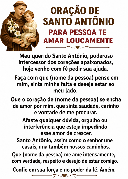 Oração de Santo Antônio para pessoa te amar loucamente.