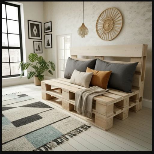 Sofá de pallet rústico para decoração de sala.