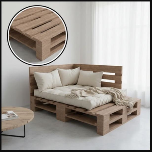 Sofá de pallet com apoio lateral para objetos.