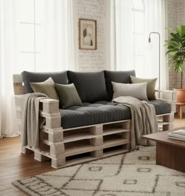 Sofá de pallet funcional para ambientes compactos.