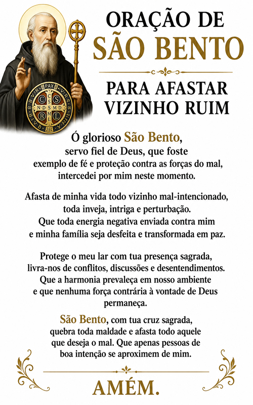 Oração de São Bento para afastar vizinho ruim. Oração de São Bento para afastar vizinho ruim.