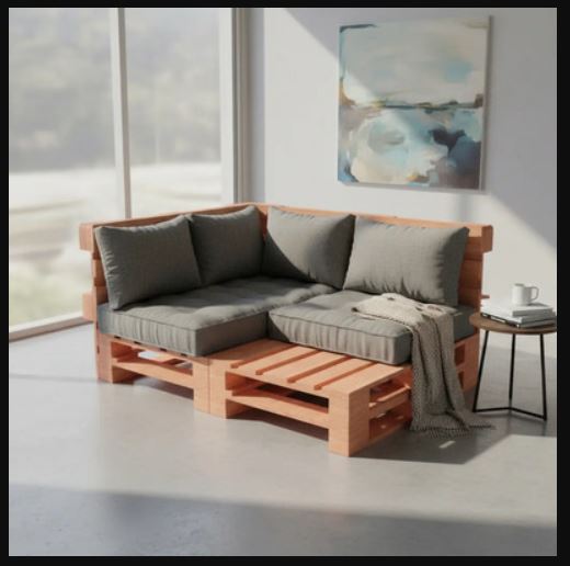 Modelo de sofá de pallet com estofado elegante para sala.