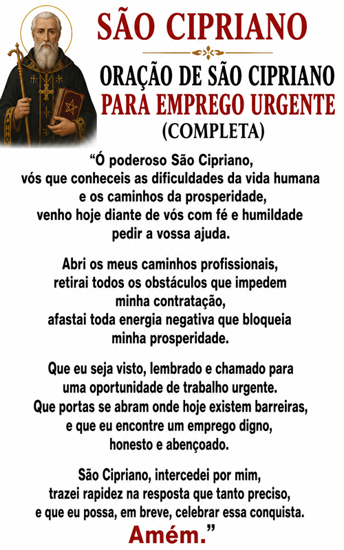 Oração de São Cipriano Para Emprego Urgente (Completa). Oração de São Cipriano Para Emprego Urgente (Completa).