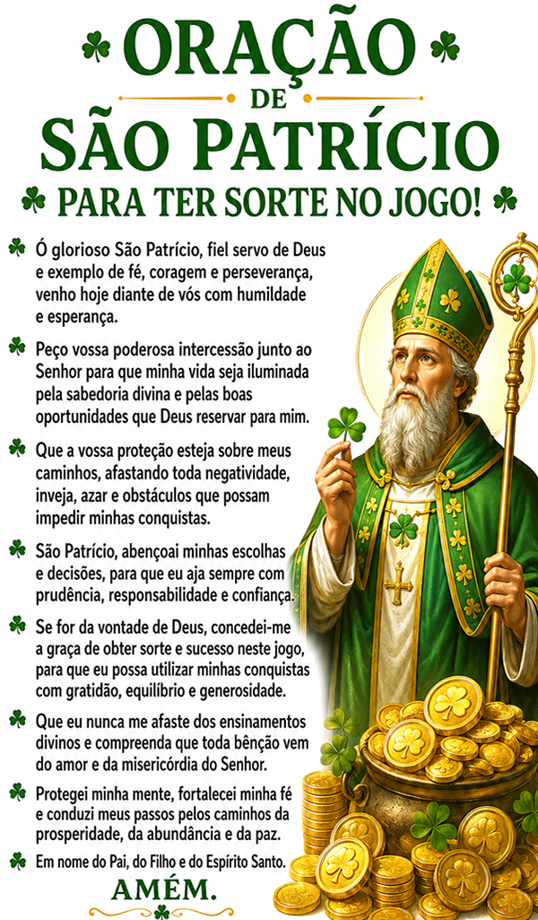 Oração De São Patrício Para Ter Sorte No Jogo! Oração De São Patrício Para Ter Sorte No Jogo!